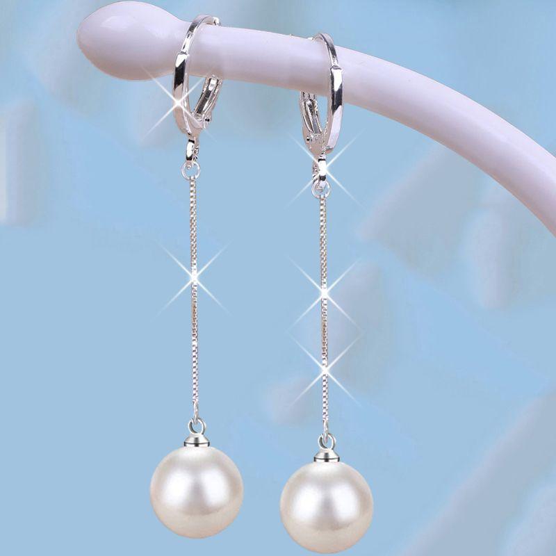 

925 Sterling Silver Earring Eardrop Hanging Earrings Nacre Pearl Ear Stud Long Eardrops Korean Earrings Wedding Silver Accessories Women Buckle Earring Box Chain + (White Bead Size 12mm)