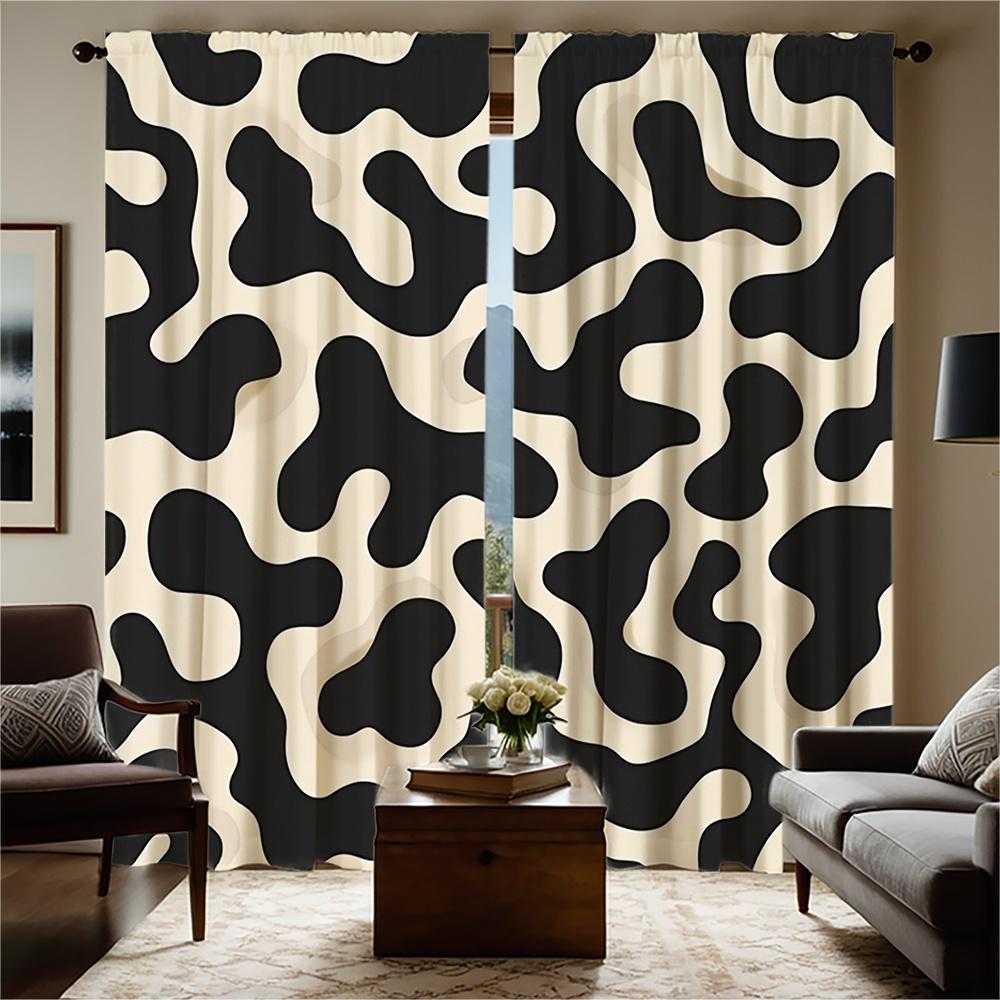 Set Of 2 Modern Window Curtain Panels Black White Cow Print Semi Curtains Lightweight Polyester Drapes Livin Light Filtering