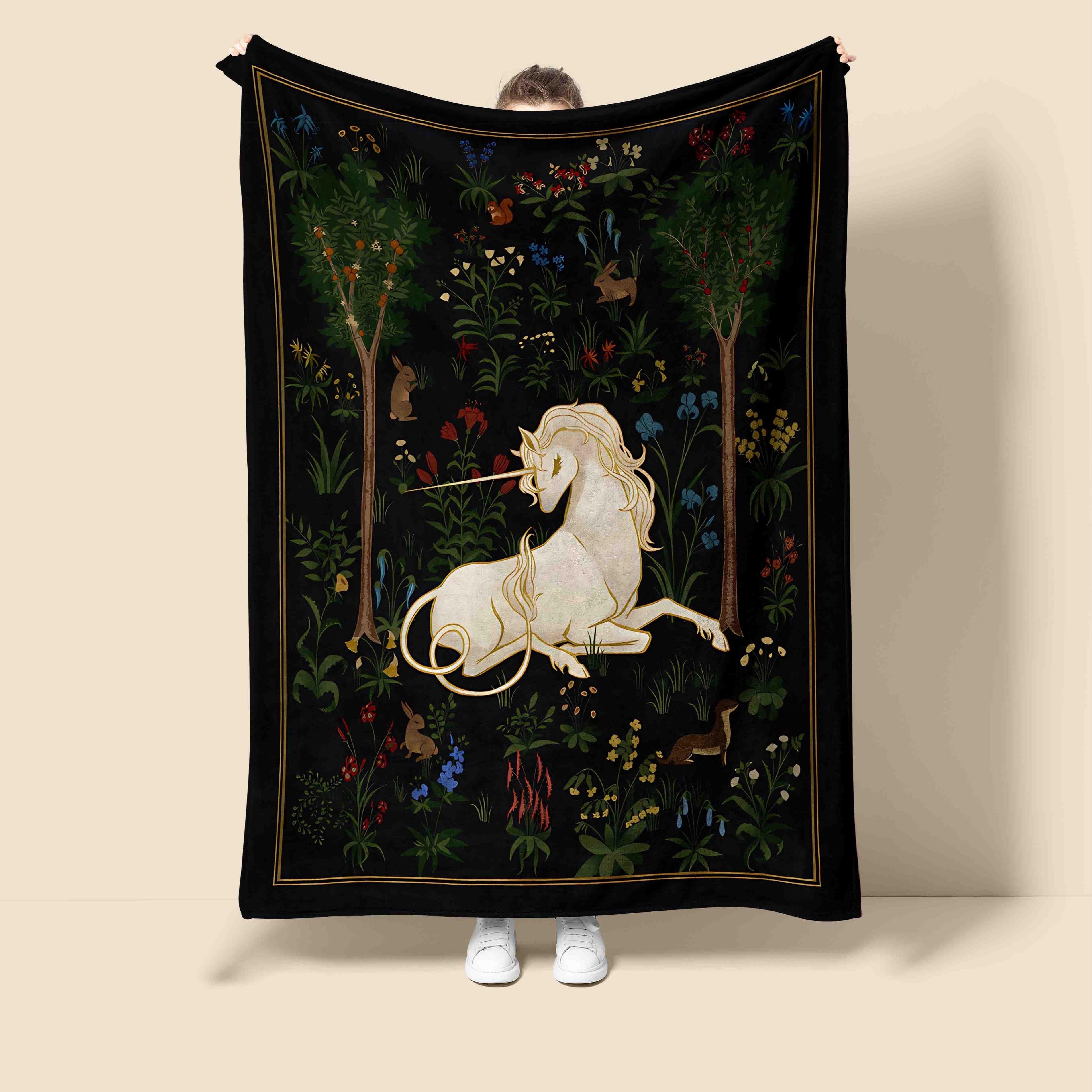 

1pc Enchanting Cartoon Unicorn Flannel Blanket, All-Season, Machine Washable, Multi-Color Throw with Magical Forest and Floral Design 150x200cm