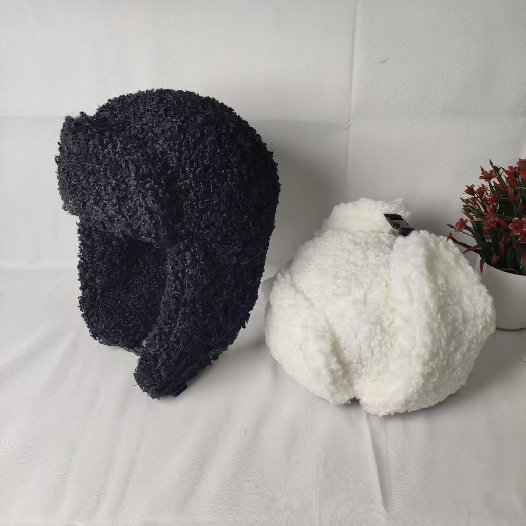 Winter cute solid color teddy fleece ear protection imitation lamb fleece Lei Feng hat women's thickened warm plush ski flying hat