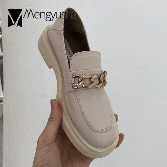 Модные металлические цепные оксфорды женские маленькие кожаные туфли студенческие криперы туфли на плоской платформе с квадратным носком женские туфли на низком каблуке мокасины 5 абрикосовый 9973₽