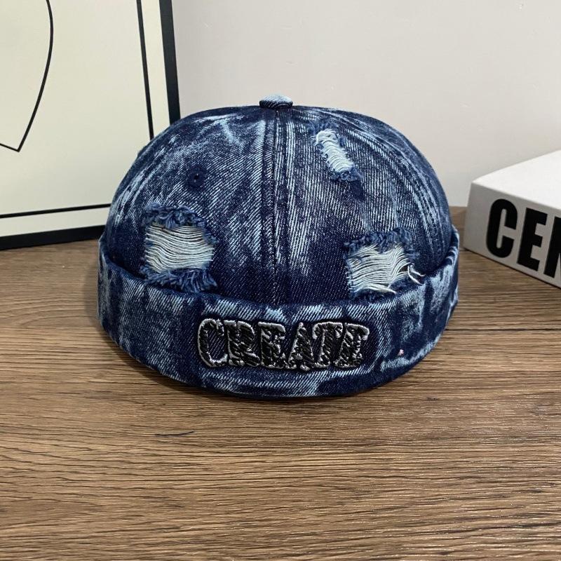 Japanese style ripped denim melon skin hat for men and women k-styleeasiest for matchretro patch stylishletter hat trendy brand landlord hat