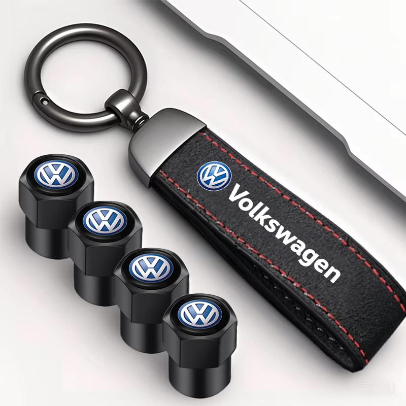 hijk1 1/4Pcs Car Tire Wheel Valve Caps Suede Keyring Zinc Alloy Keychain For VW GTI Polo Golf Passat Tiguan Arteon Touareg CC Taigo Ca