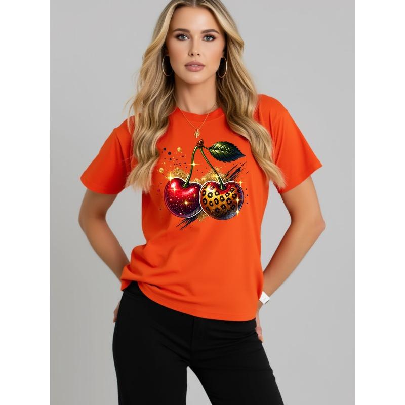Summer  Round Neck Top Fashion Casual Loose Apple Print Simple Versatile T-Shirt Women Clothes