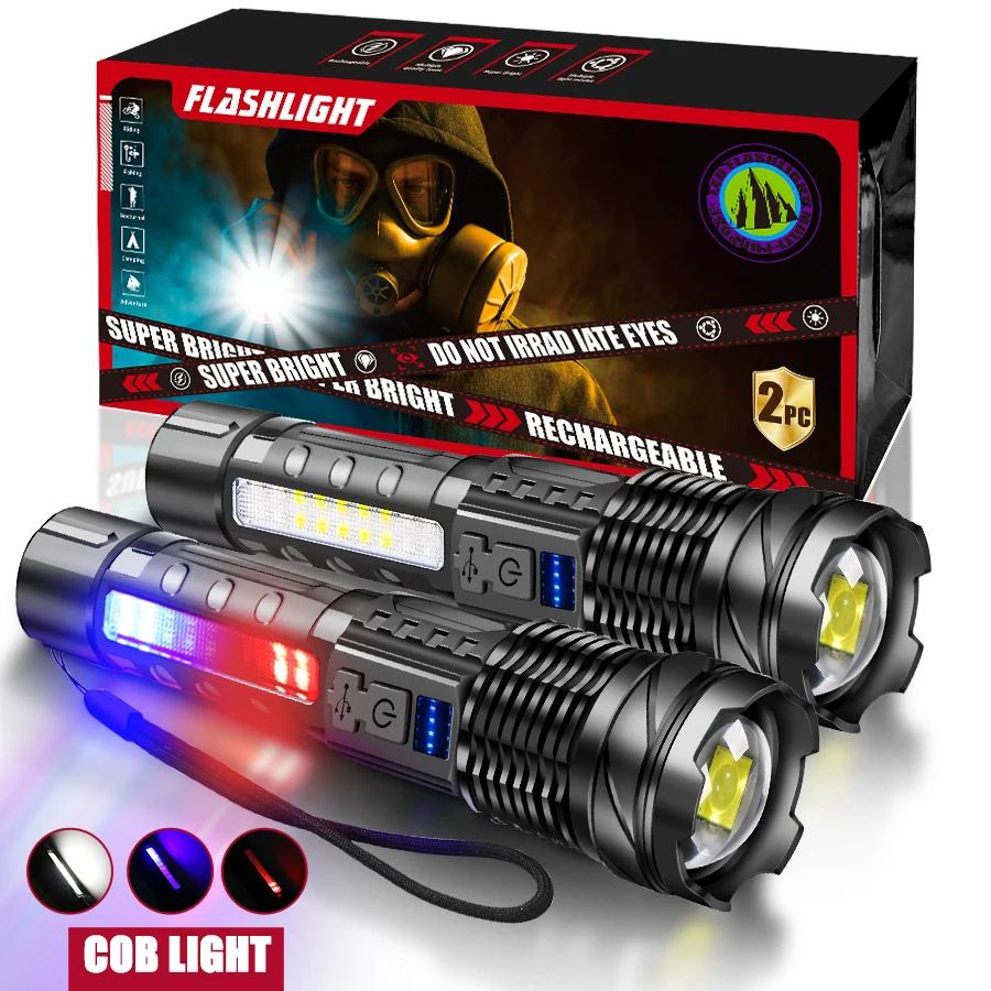 2PCS Ultra Bright LED Flashlights USB Rechargeable Tactical Zoom Flashlight Outdoor Emergency COB Lighting Gift Exquisite Box