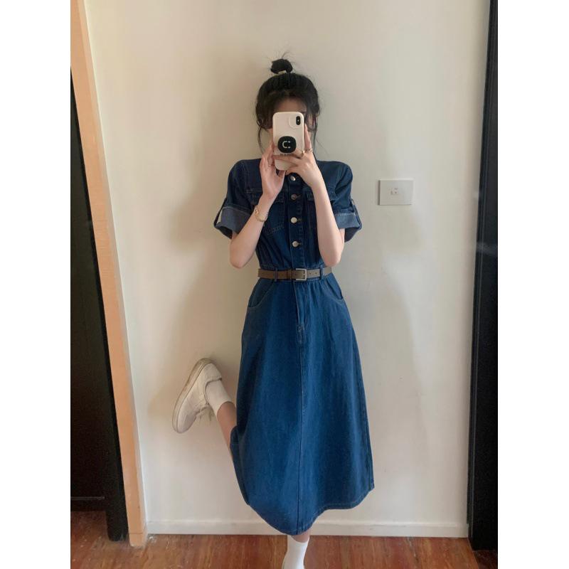 Real Shot Plus Size Denim Short-Sleeve Dress for Women - Summer Collection, Slimming Waist Design