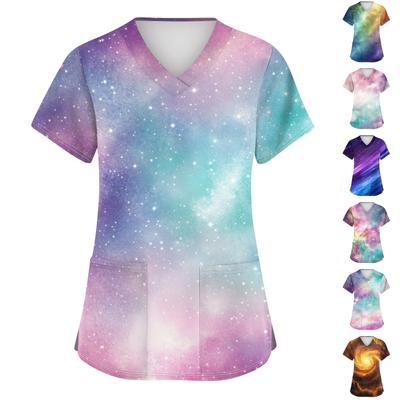 Women's Fashion V-neck Short Sleeve Workwear With Pockets Printed Tops