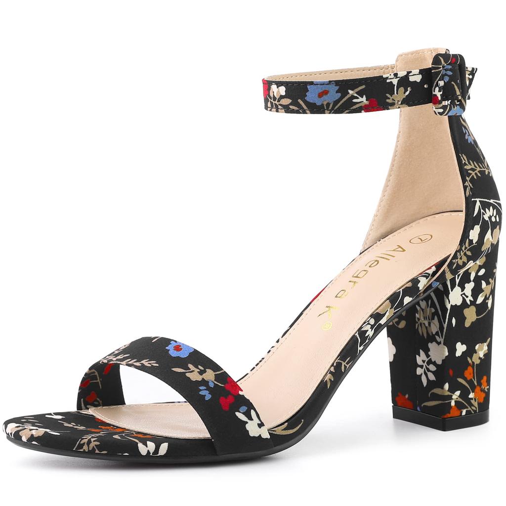 Allegra K Women's Open-Toe Ankle Strap Sandals with Chunky Heels, Black Flowers, Size 26.0cm