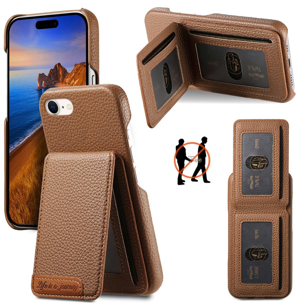 Für iPhone 16e Hülle RFID-blockierender Kartenhalter Leder-Rückseite mit Litschi-Textur