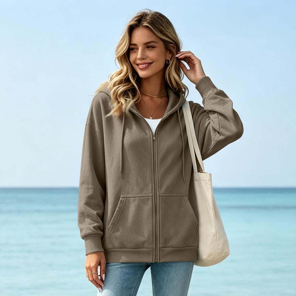 Felpa da donna con zip e cappuccio colorata, top casual per il tempo libero e lo sport