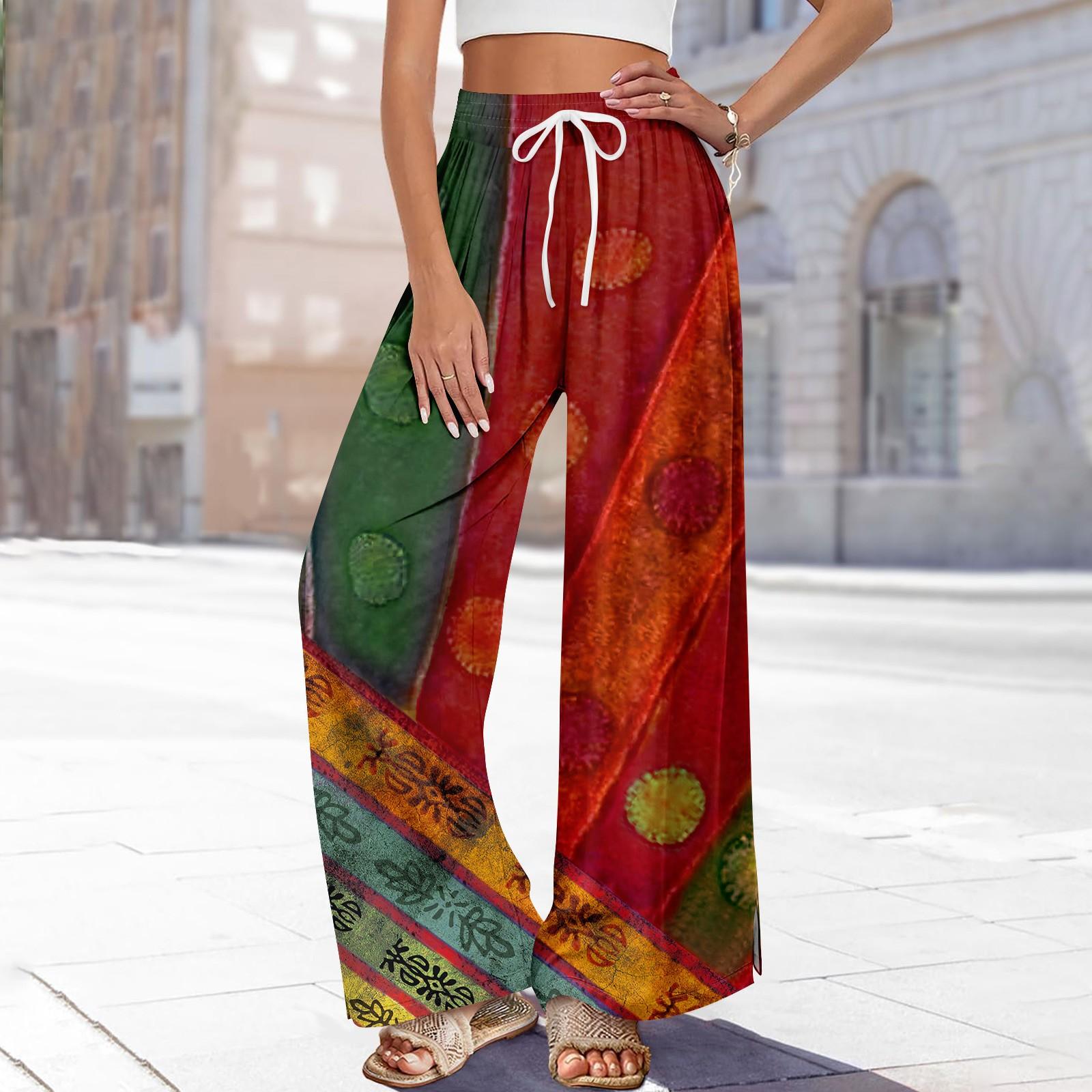 

Женские летние брюки-палаццо в стиле бохо с высокой талией, широкие повседневные брюки с принтом и карманами XXL