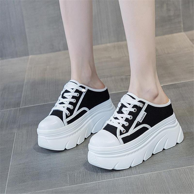 Fashion 9cm Canvas Genuine Leather Women Summer Shoes Wedge Sneakers Platform Slippers Shoes Slip on Sandals Slideds High Heel