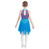 Kids Girls Ice Skating Performance Dress: Sleeveless Keyhole Back Rhinestone Metallic Mesh Bodice with Irregular Chiffon Hem for Competition