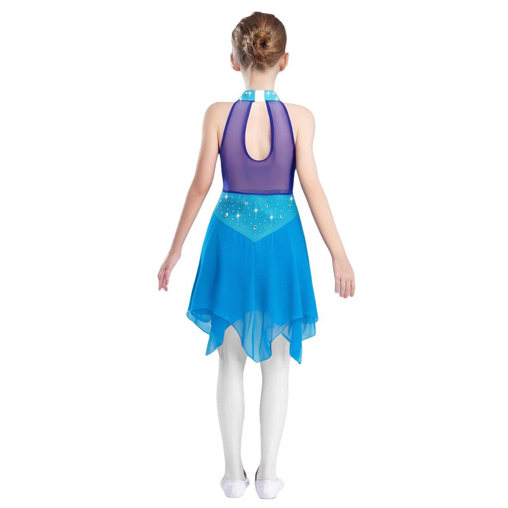 Kids Girls Ice Skating Performance Dress: Sleeveless Keyhole Back Rhinestone Metallic Mesh Bodice with Irregular Chiffon Hem for Competition