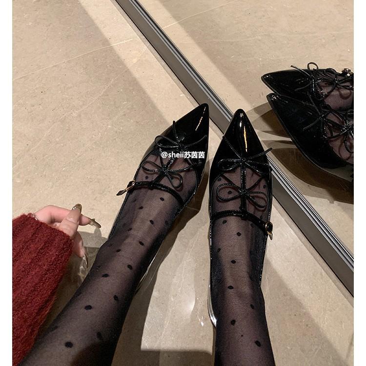 [Su Yinyin of the Same Style] Hepburn Dinner Party~ Pointed Bow, Shallow Mouth Flat Bottom Mary Jane Single Shoes, Women's Banquet Shoes