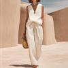 Women Sleeveless V Neck Loose Fit Pullover Top High Waist Wide Leg Pants Set Casual Two Piece Outfit