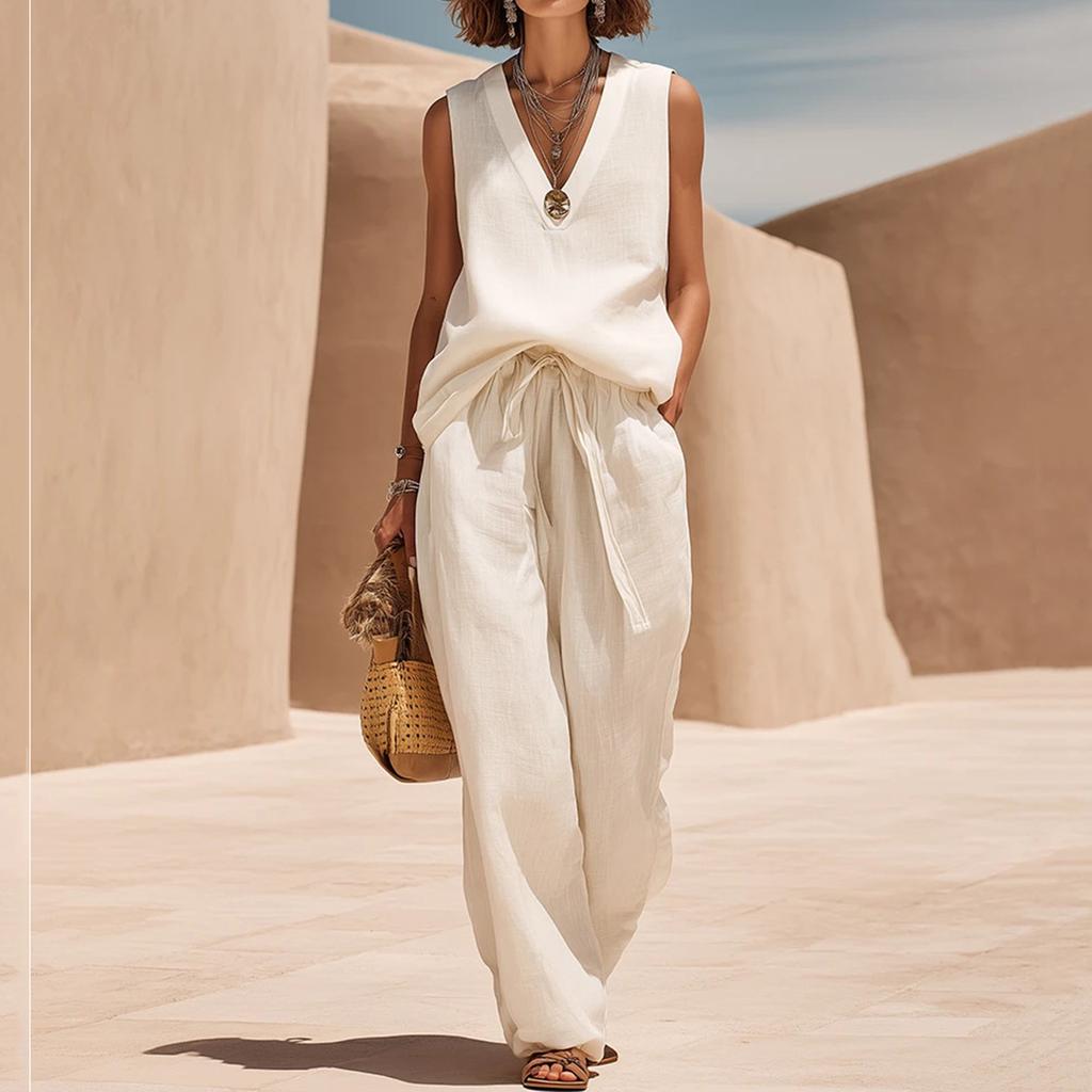 Women Sleeveless V Neck Loose Fit Pullover Top High Waist Wide Leg Pants Set Casual Two Piece Outfit