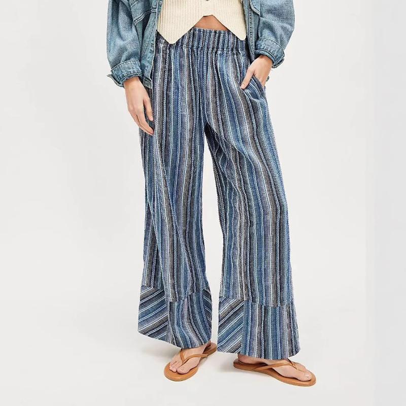Women Comfortable Casual Drapery Elastic High-Waisted Striped Loose Fit Wide Leg Pants with Pocket