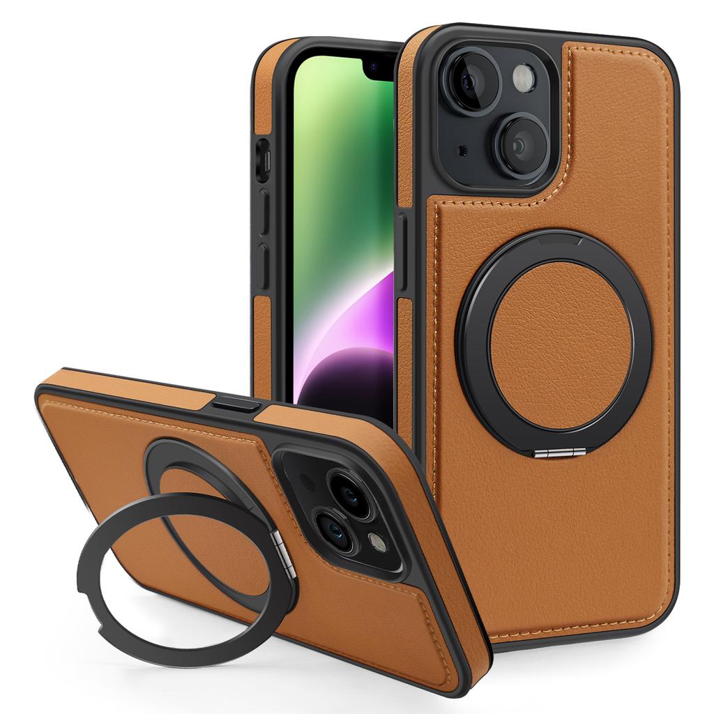 For iPhone 14 Case with Ring Kickstand Compatible with MagSafe PU Leather Back Cover