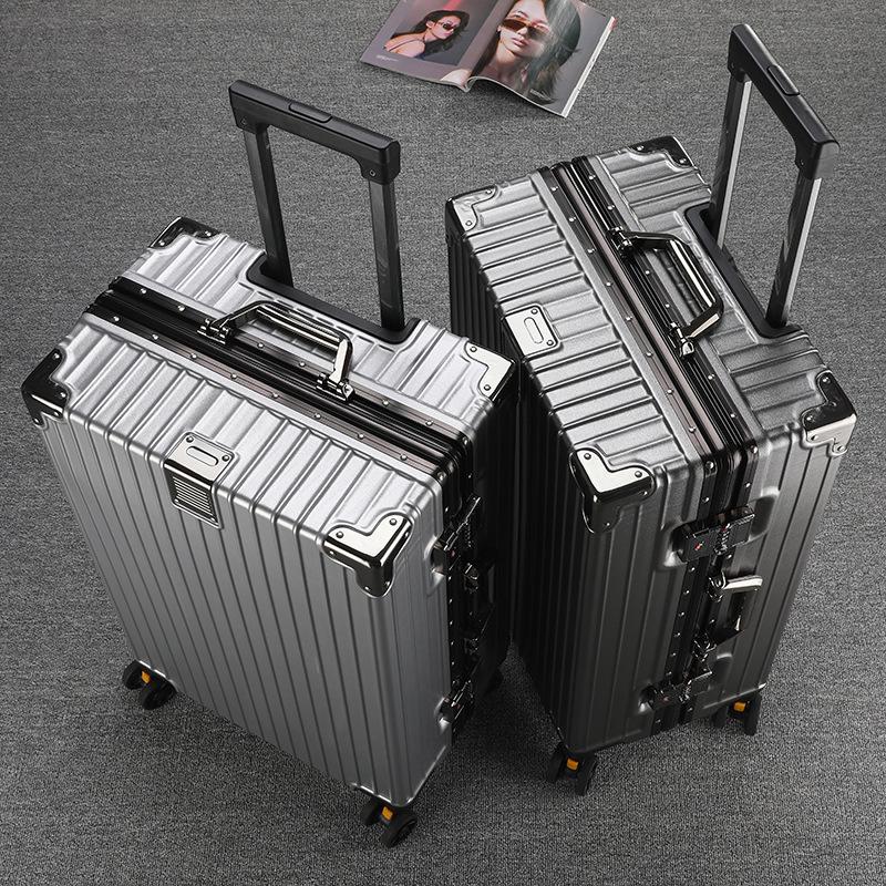 Large Capacity Aluminum Frame Travel Suitcase with Combination Lock, Trolley Wheels, and Durable Design for Men and Women.
