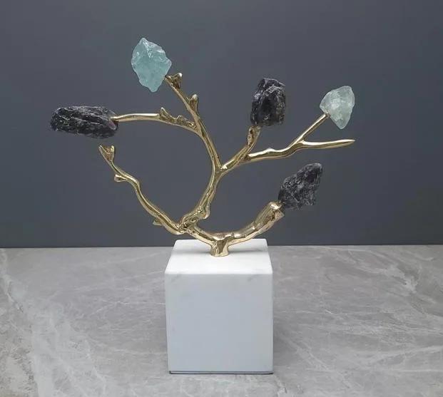 Natural Crystal Stone Sculptures Golden Tree Crystal Tree Brass Metal Branch Ornament Metal Figurine Home Decoration Accessories
