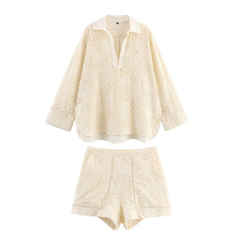 Kaslead New Women Clothes Western Style Hollow Embroidery Shirts Leisure Shorts 4786105 4786106