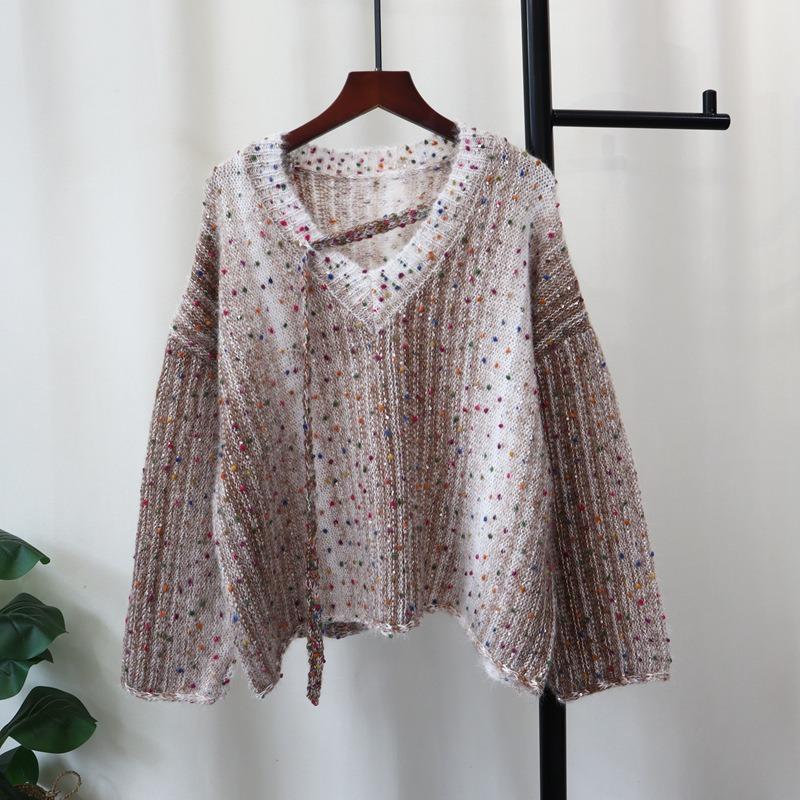 Autumn and Winter New Color Dot Design Knitted Sweater Top Soft Waxy Sequins Loose and Thin Sweater Pullover Women's Clothing