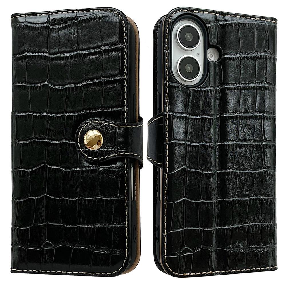 

For iPhone 16 Case Crocodile Texture Genuine Cow Leather Wallet Phone Cover Black