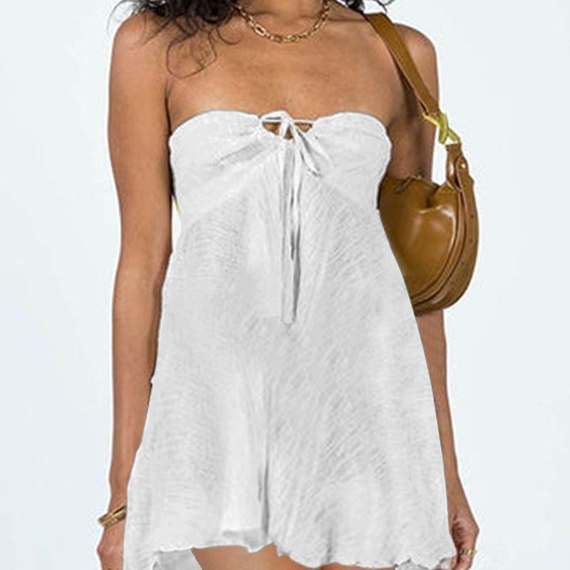 Graceful Personality Women's Clothing European American Summer New Fashion Tube Top Sexy Open Back Pure Color High Waist Dress