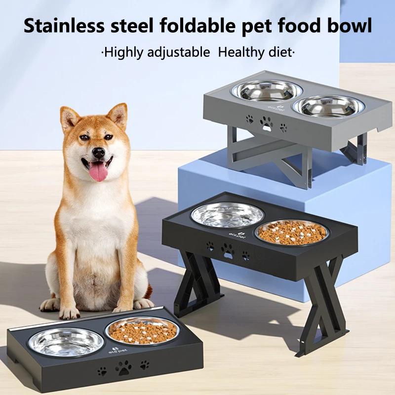 Dog Stainless Steel Bowl Pet Feeder Water Lifting Dining Table Double Bowl Dining Foldable Adjustable Non Slip Cat Pet Supplies