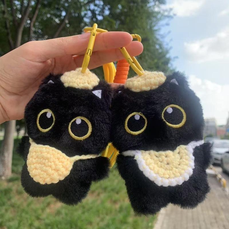 Kawaii Černé Kotě Pískací Plyšové Klíčenky Roztomilý Kočičí Přívěsek na Tašku Ozdoba na Batoh Kreslené Plyšové Zvířátko Dekorace Dárky