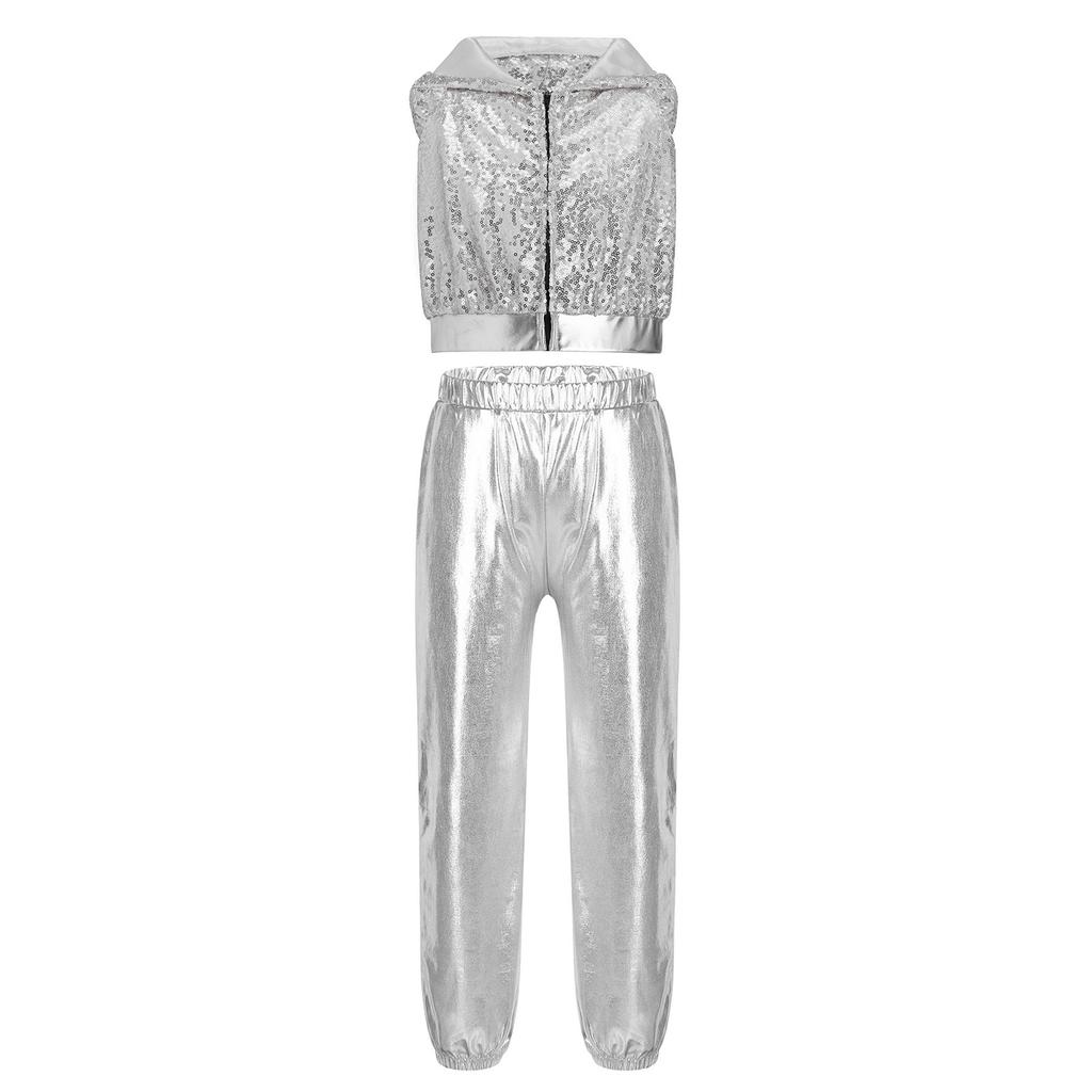 Mädchen Glitzernde Pailletten Reißverschluss Vorne Crop Top Elastische Taille Hose Hip Hop Jazz Tanz Set