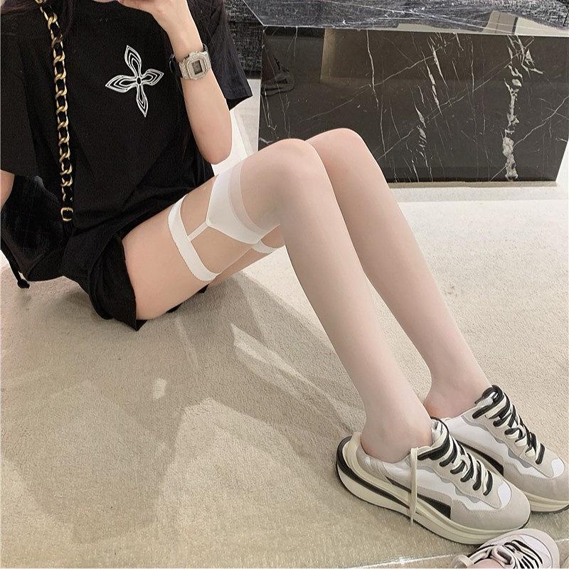 Ultra-Thin Black Silk Thigh-High Suspender Stockings for Women