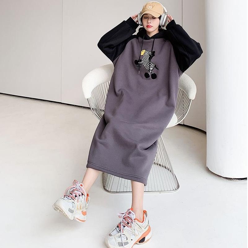 Long Sleeve Dress Women's Spring and Autumn New Small Loose and Skinny Hooded Wear Dress Large Size Knee Long Skirt