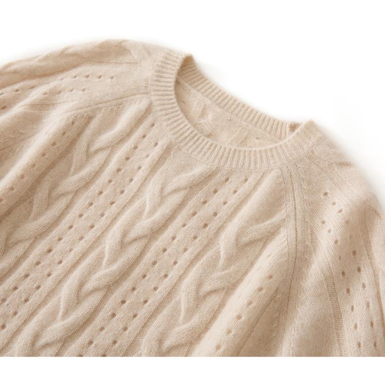 2025 Autumn/Winter Women's 100% Cashmere Round Neck Hollow Cable Knit Casual Loose Pullover Sweater