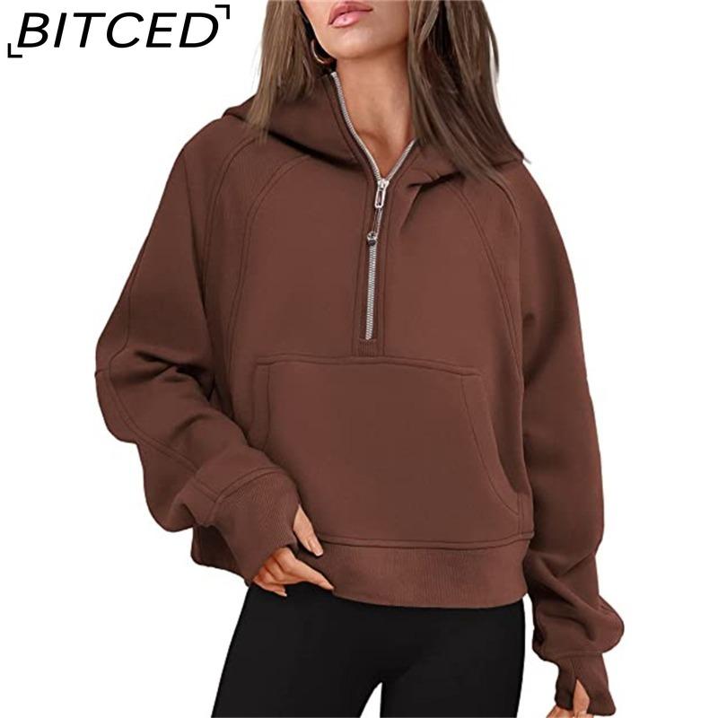 BITCED Autumn/Winter Yoga Wear Women's Sports Half-Zip Hooded Sweatshirt Loose-Fit Fleece-Lined Women's Casual Top