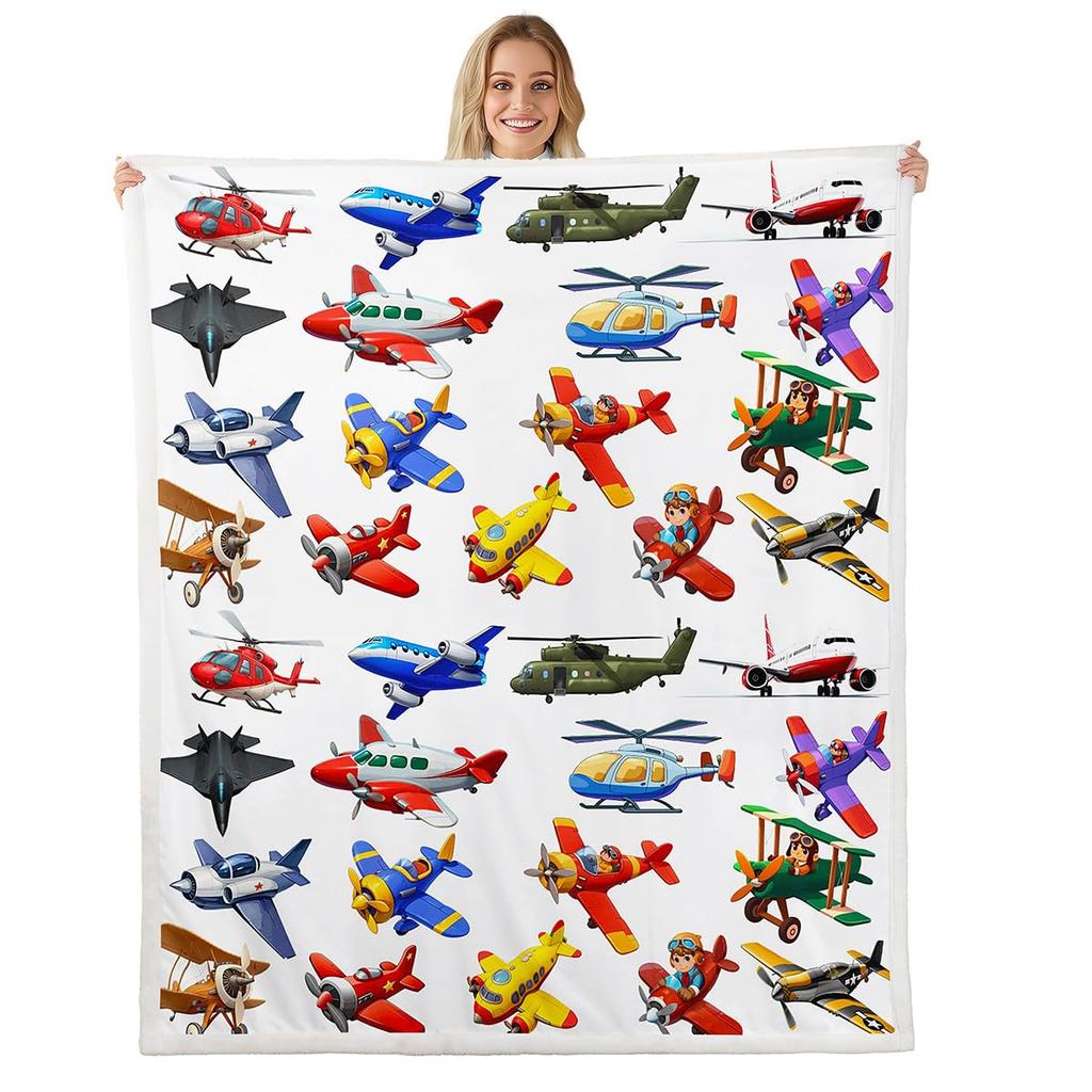 Various Cartoon Aircraft Biplane Jet Helicopter Clean White Background Pattern Flannel Throw Blanket, Warm Cozy Blanket