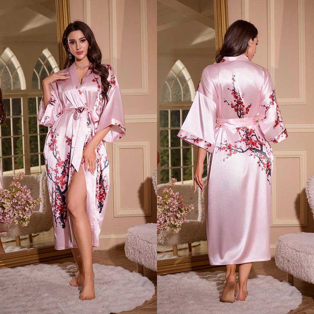 Female Long Robe Loungewear Elegant Chinese Style Kimono Bathrobe Gown Negligee New Silky Satin Sleepwear Nightgown Loose Pajama