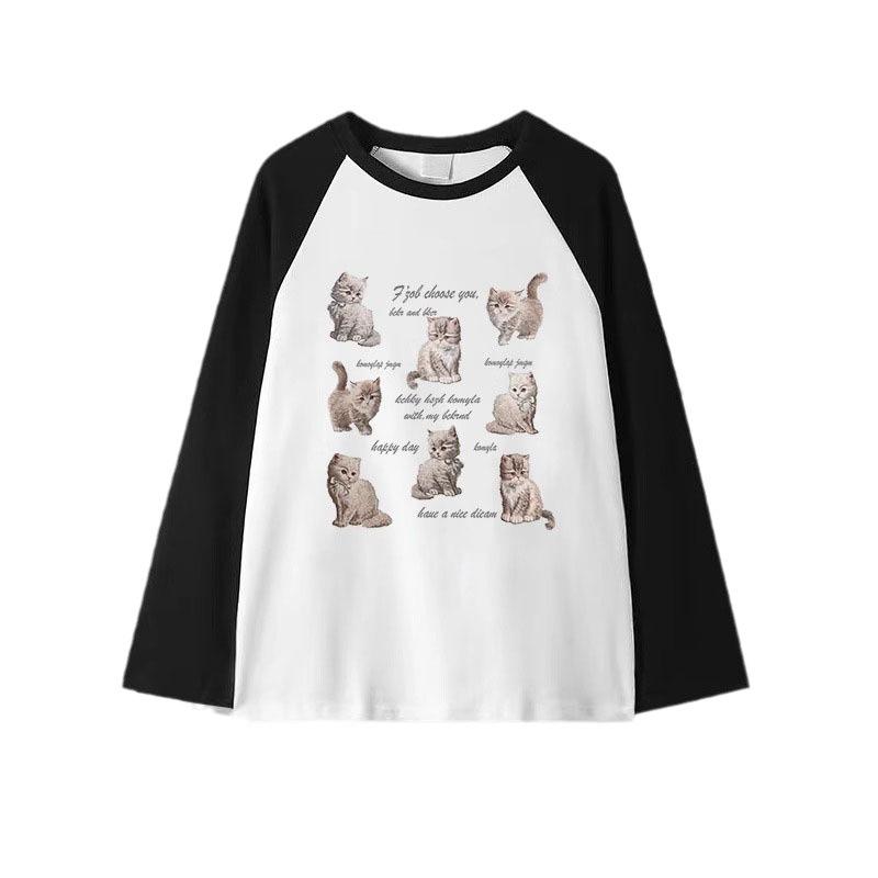 

2024 осень женская футболка с рисунком мультфильма O-образный вырез контрастного цвета с длинным рукавом свободные осенние футболки женские лоскутные футболки M