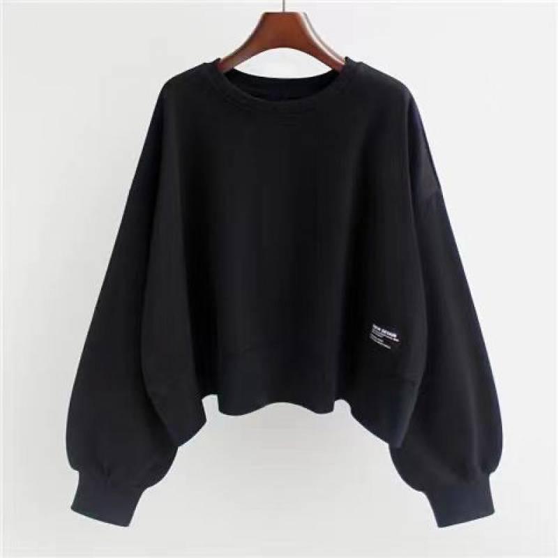 

Женская толстовка с круглым вырезом, модный однотонный повседневный короткий свободный пуловер с длинными рукавами, топ XXL чёрный
