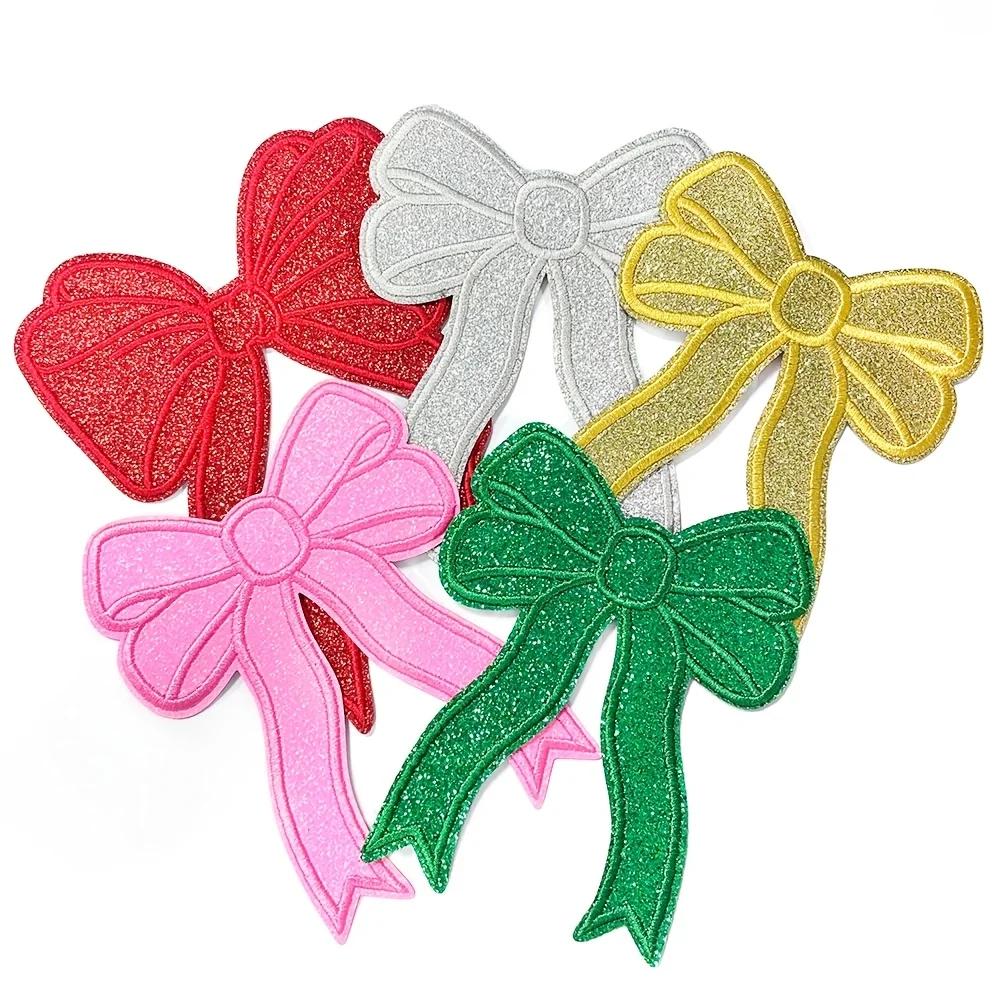 8pcs Colorful Bowknot Iron-On Patches,Green Geometric Knit Fabric Appliques, All-Season Polyester Clothing Decoration for Skirts.