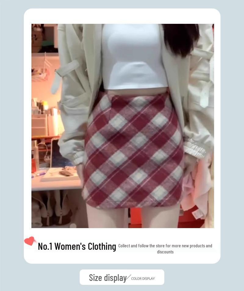 Women's High Waist Woolen Red Plaid A-Line Skirt - Hip-Hugging, Slimming, Autumn/Winter 2026