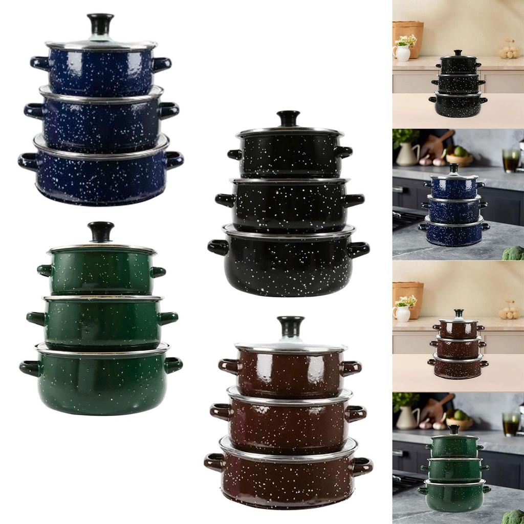 3 Pieces Enamel Stockpot with Lid Saucepan Multiuse Heat Resistant Creative