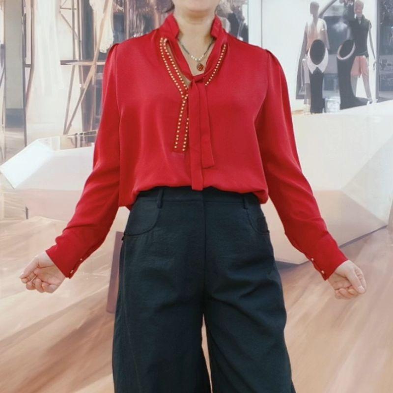 

Trade Original Order Label Cut Women s Clothes Fashion New Arrival Spring and Summer Pure Color Chiffon V Neck Elegant Versatile Long Sleeve Shirt No. 4 M Shirt
