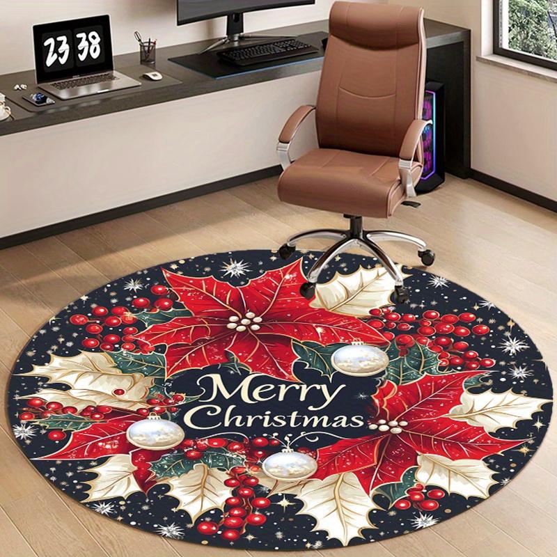 

1pc Festive Christmas Round Mat with Poinsettia, Holly Berries and Merry Christmas Text - Non-Slip for Living Room, Bedroom 100x100cm