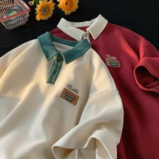 Sommer T-skjorte for menn Turn-down krage Vintage Løs Vaffeltekstur Ensfarge Halve ermer amerikansk stil Streetwear Outdoor Top
