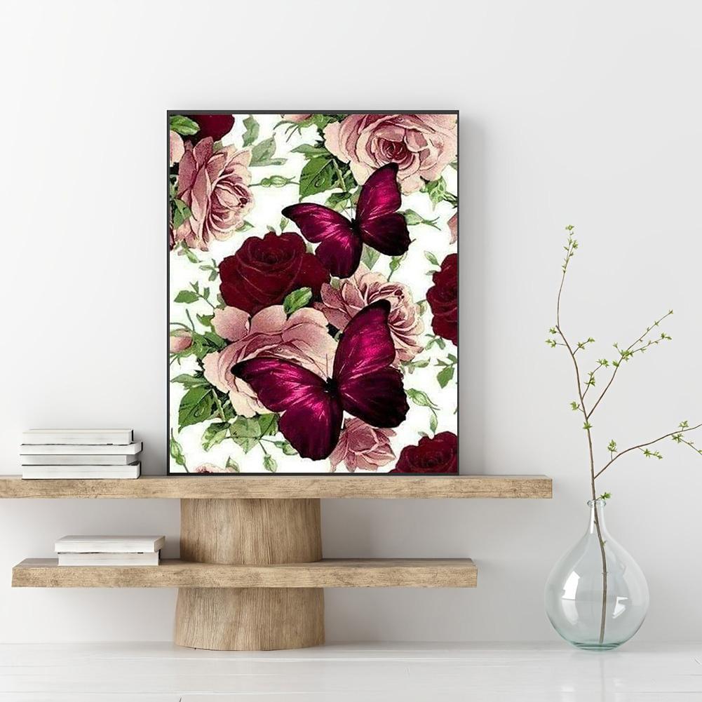 5D DIY Diamond Painting Red Butterfly Cross Stitch Kit Mosaic Diamond Embroidery Rose Full Round/Square Drill Home Decoration