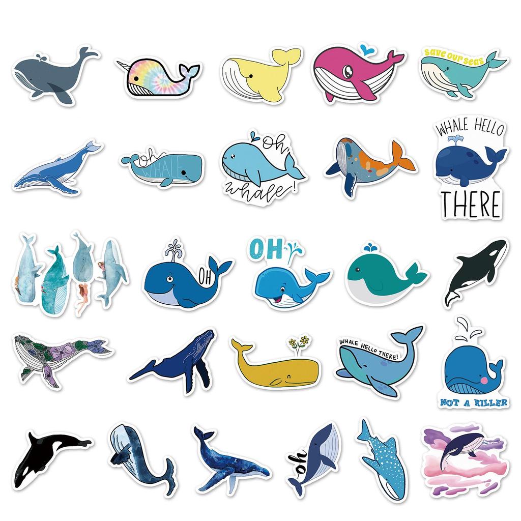 50PCS Cute Whale Stickers - Marine Life DIY Color Painting for Water Bottles and Mochi Decoration