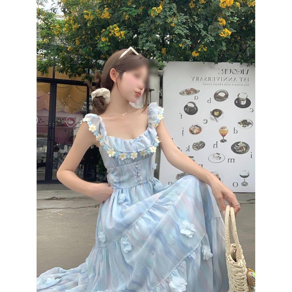 New waist A word thin and sweet long skirt girl three-dimensional flower flying sleeve dress women's summer leisure