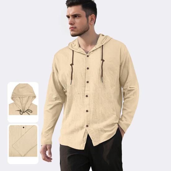 Camisetas para Hombre con Capucha Cordón Manga Larga Botones Tapeta Camisa Tops Color Liso Corte Regular Casuales Viaje Oficina Uso Diario